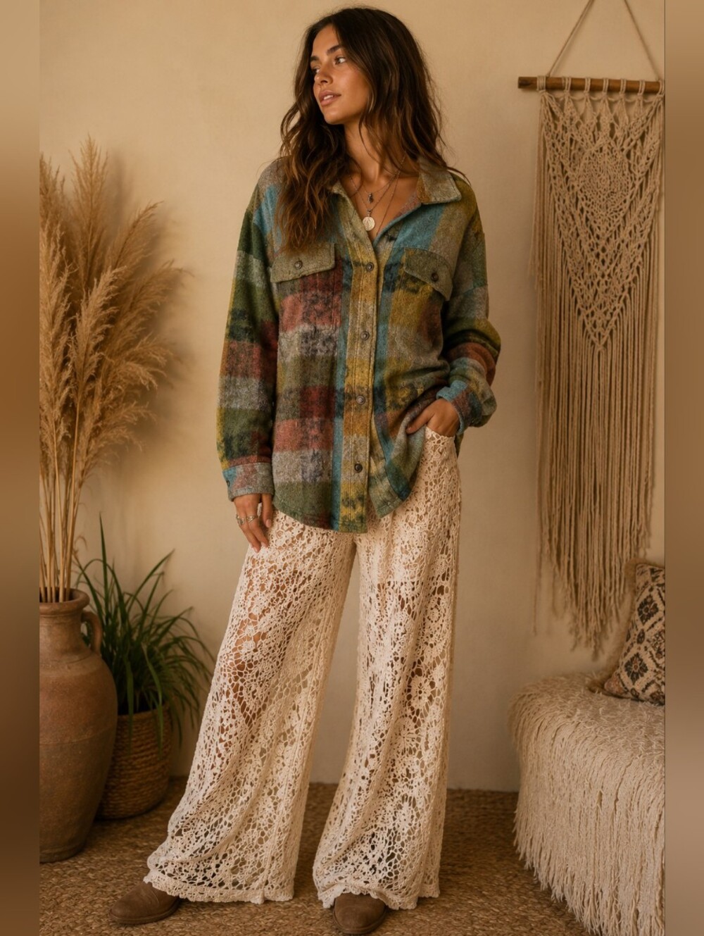 BiBi Plaid Button-Down Shacket Oversized Brushed